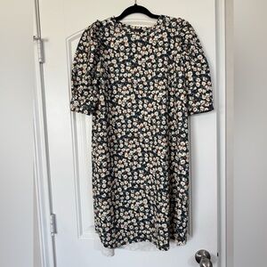 Zara Navy Floral Puff Half-Sleeve Dress